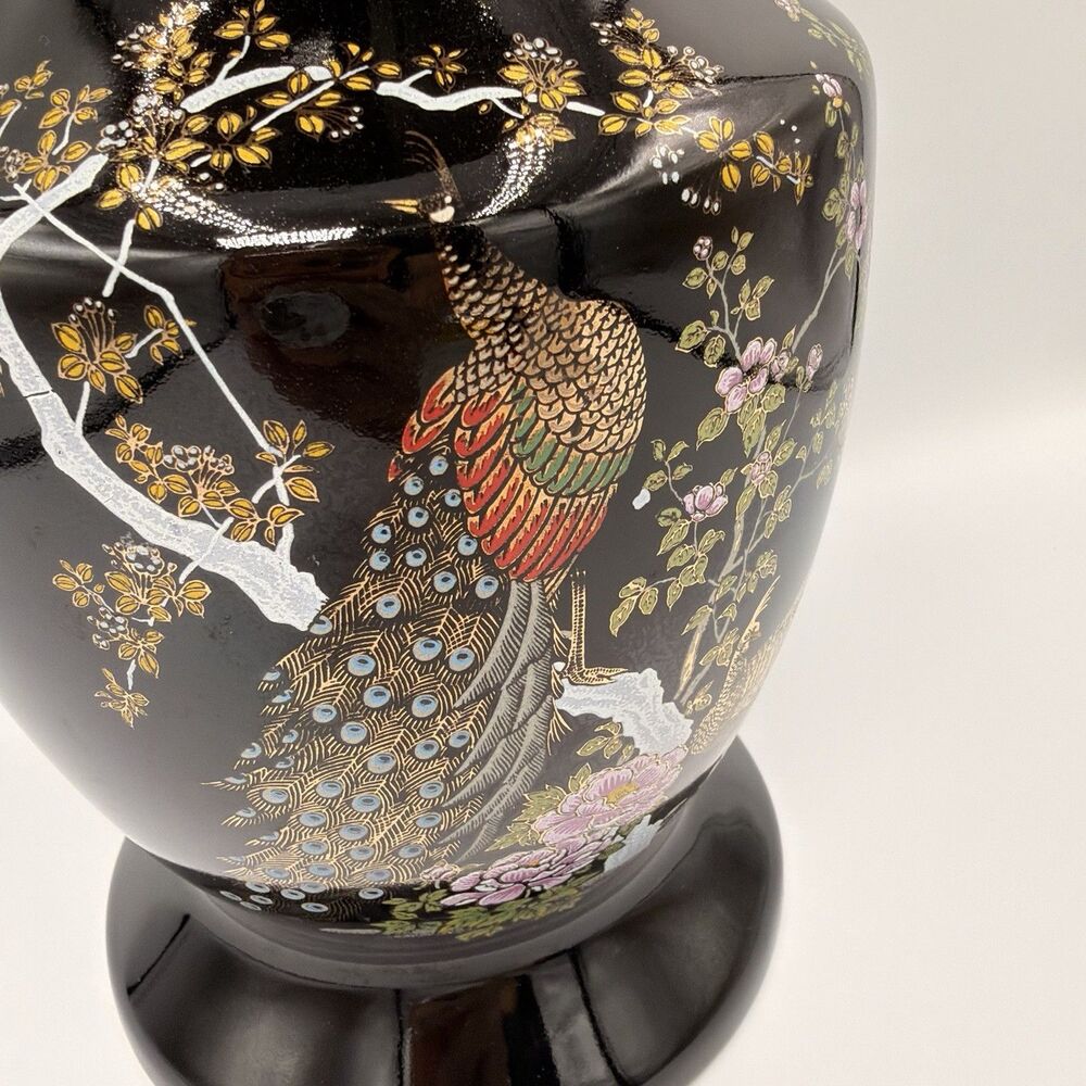 Vintage Japanese Black Peacock Floral Vase 11” Gold Trim Hand Decorated Japan - Picture 2 of 14